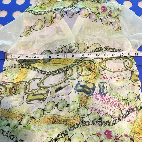 Vintage 90's Y2K Feline silk blend sheer button top green button up collar Small - Picture 12 of 13